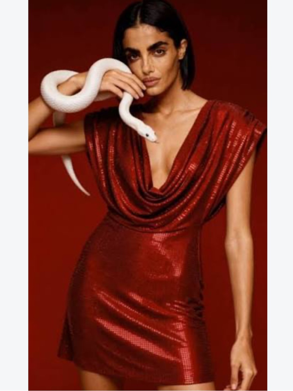 Zara Red Cowl-Neck Mini Dress gliter rhinestones do